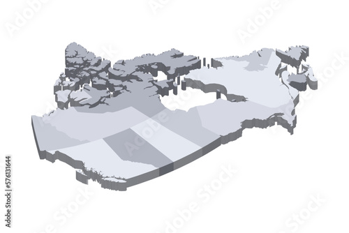 Canada political map of administrative divisions - provinces and territories. 3D isometric blank vector map in shades of grey.