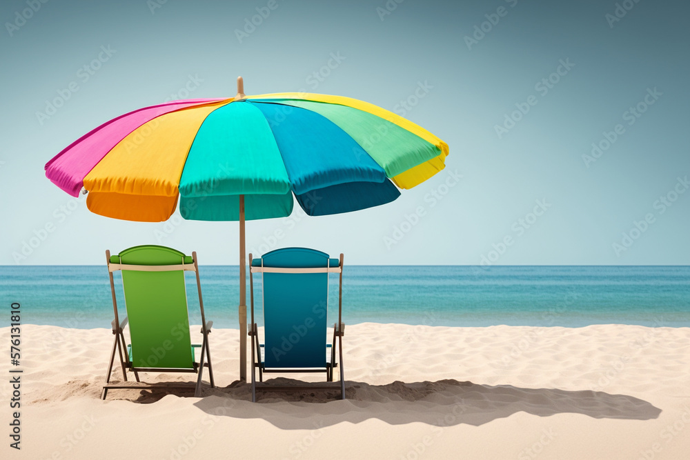 Beach umbrella with chairs on beach sand. summer vacation concept. back view.