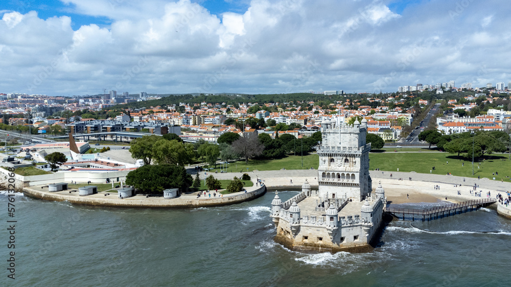 Aerial landscape of Torre de Belém with blue sky.