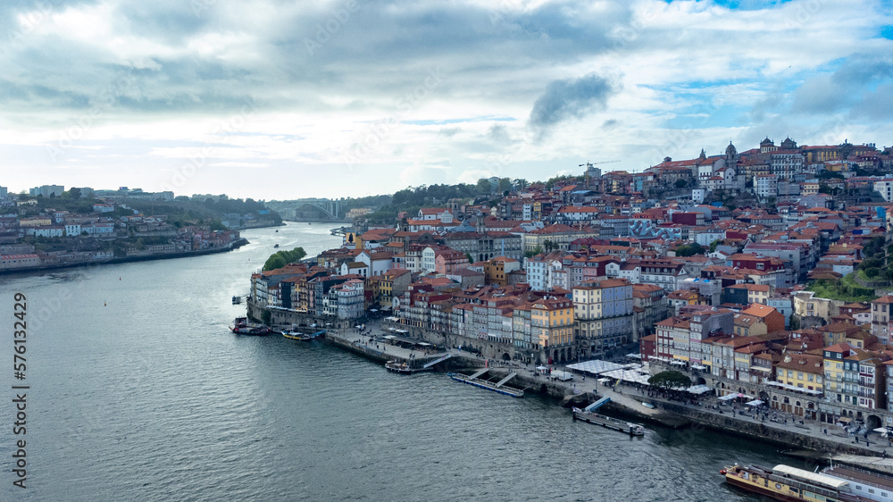 Oporto, Portugal. April 12, 2022: Aerial landscape of the Riviera neighborhood and Duero river