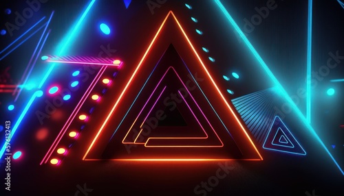 A glowing high tech background with triangles and neon lines and lights. Generative AI. © Elle Arden 