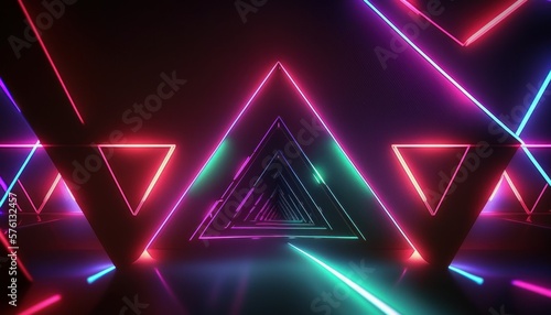 A glowing high tech background with triangles and neon lines and lights. Generative AI. 