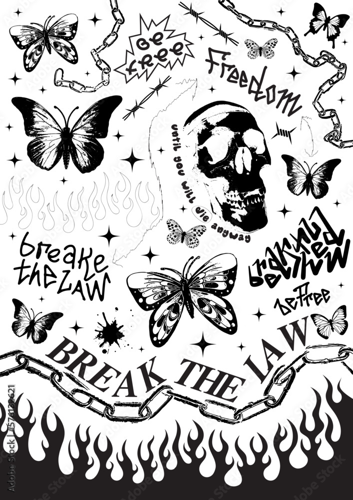 Obraz premium Cool deathcore style poster with skull, flame and batterfly.