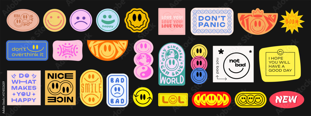 Cool Trendy Groovy Stickers Set. Collection of Y2K Patches Vector Design. Pop Art Badges. Smile Emoticons. - obrazy, fototapety, plakaty 