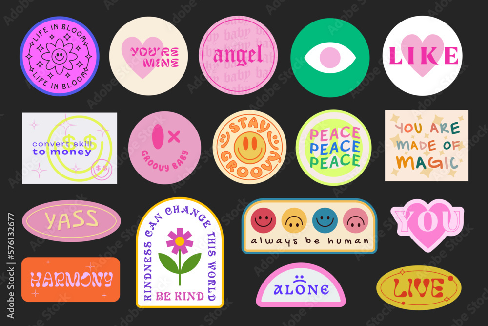 Set Of Cool Trendy Groovy Stickers Vector Design. Pop Art patches. Y2K Badges.