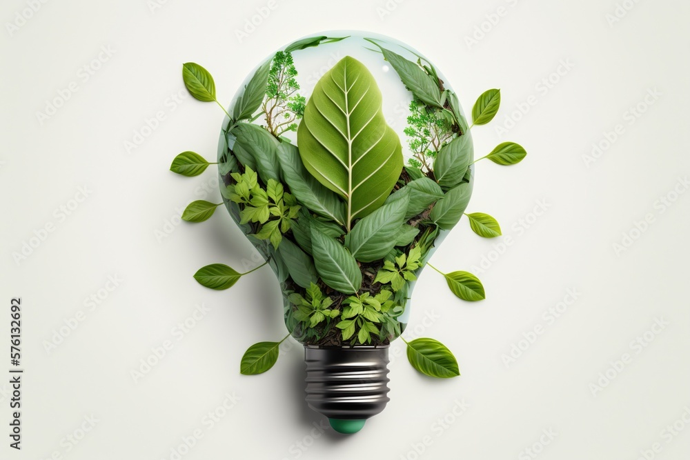 Obraz Eco friendly lightbulb from fresh leaves top vie, concept of Renewable Energy and Sustainable Living, created with Generative AI technology fototapeta, plakat