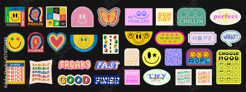 Cool Trendy Geometric Smile Stickers Set. Collection Of Groovy Patches. Pop Art Y2K Badges. Vector Emoticons.