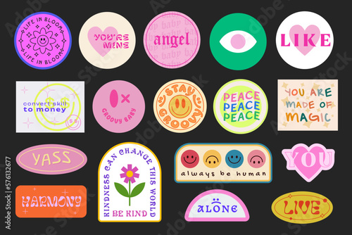 Set Of Cool Trendy Groovy Stickers Vector Design. Pop Art patches. Y2K Badges.