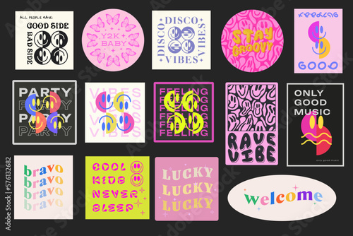 Cool Trendy Geometric Smile Stickers Set. Collection Of Groovy Patches. Pop Art Y2K Badges. Vector Emoticons.