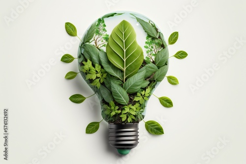 Fototapeta Eco friendly lightbulb from fresh leaves top vie, concept of Renewable Energy an
