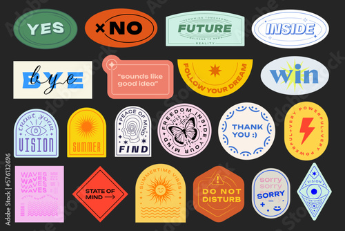 Cool Trendy Y2K Stickers Pack. Cyberpunk Patches. Futuristic Signs.