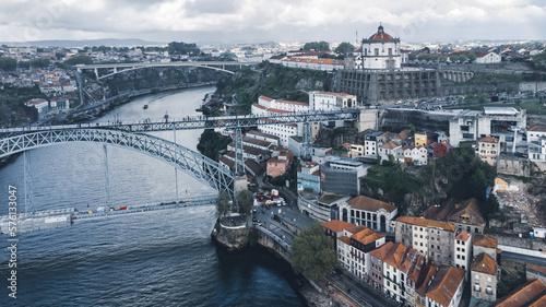 Oporto, Portugal. April 12, 2022: Aerial landscape of the Luis I bridge and the city. photo