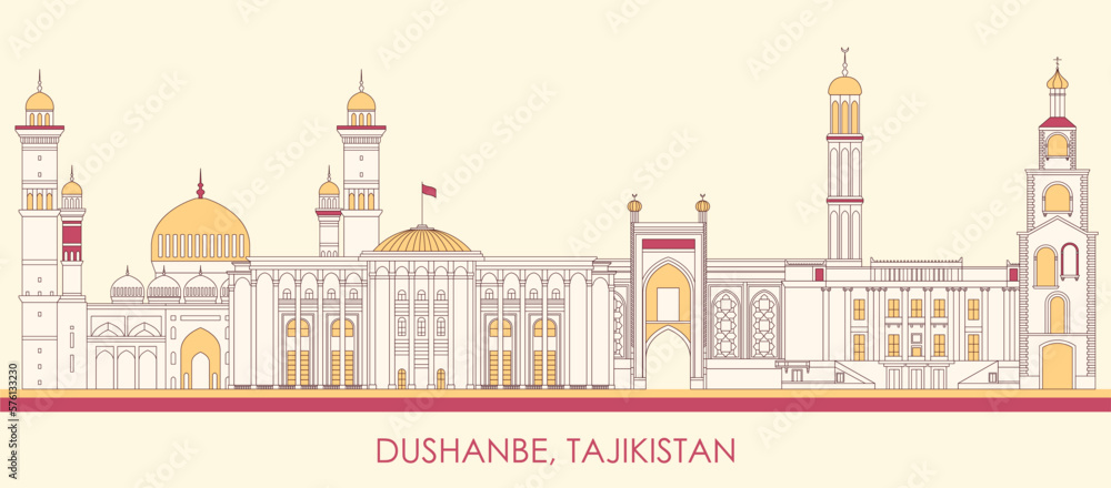 Cartoon Skyline panorama of city of Dushanbe, Tajikistan - vector illustration