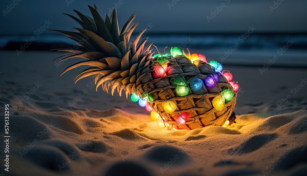 Festive illuminated pineapple on sandy beach. Generative AI - obrazy, fototapety, plakaty 