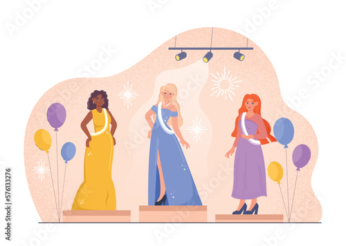 Concept of pageant. Beautiful young girls in dresses stand on stage. Beauty contest, aesthetics and elegance. Discotheque or party, luxury show. Poster or banner. Cartoon flat vector illustration