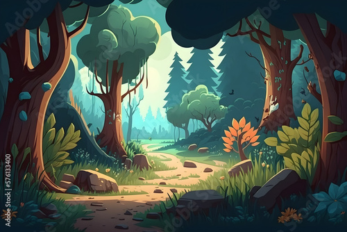 Cartoon forest background. Made with Generative AI © PIRMYN
