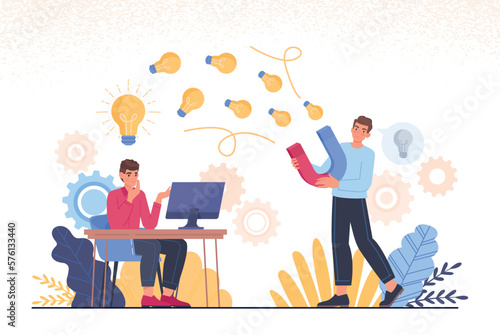 Concept of plagiarism. Man with magnet steals light bulbs. Copyright protection on Internet. Use of content without attribution of author. Hacker or scammer. Cartoon flat vector illustration