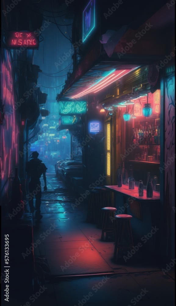 A futuristic cyberpunk city with neon glowing lights at night. 