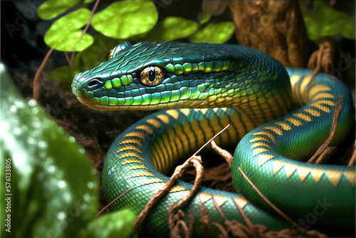 Green snake in a rainforest jungle. Generative AI Fototapeta