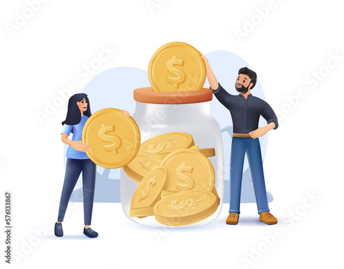3D family couple saving money in jar. Man and woman inserting cash into glass jar 3D concept. Vector illustration for finance, deposit, economy, investment, banking, concept 3D illustration vector