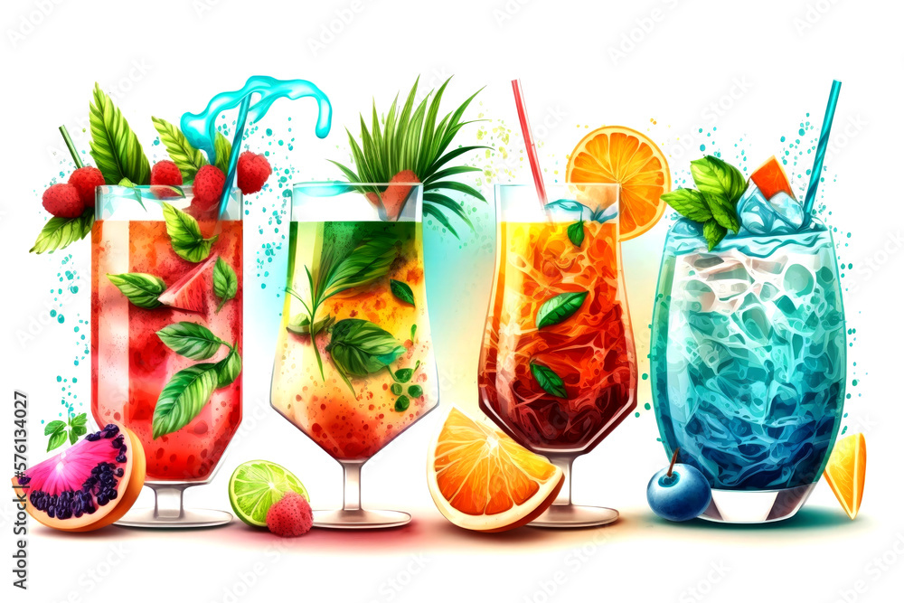 Cocktails and tropical fruit drinks on white background. Generative AI