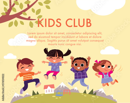 Children playing. Colorful children template with summer background. Happy kids jumping. Smiley faces. Cute little boys and girls have fun.