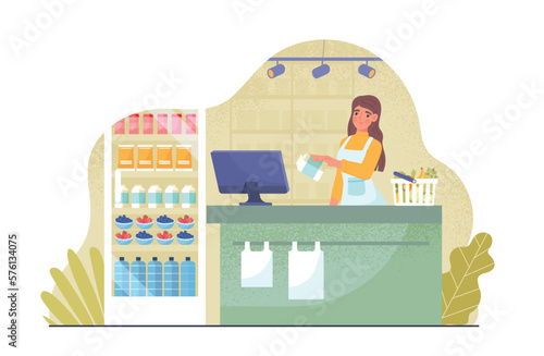 Cashier at supermarket. Woman at workplace sells groceries. Milk and vegetables, grocery store. Routine and daily activities. Trade and sale, small business owner. Cartoon flat vector illustration