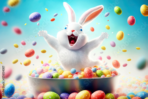 Happy Easter bunny playing with Easter eggs. Generative AI