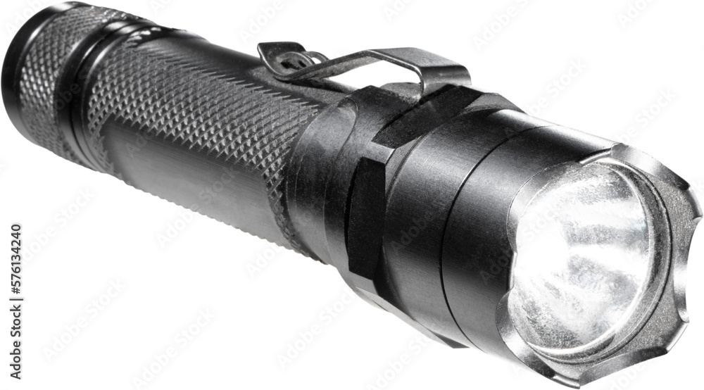 Small waterproof flashlight made of aluminum and turned on isolated on a white background