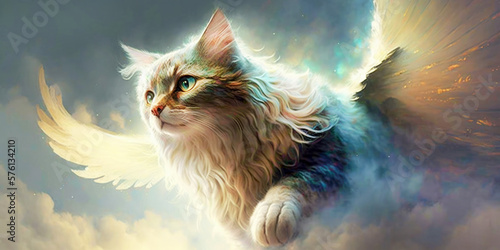A cat with wings in the sky  symbolizing a life after death. Generative AI