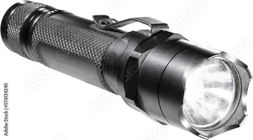 Small waterproof flashlight made of aluminum and turned on isolated on a white background photo