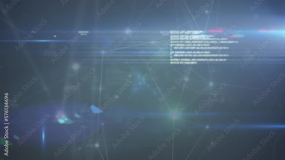 Animation of network of connections and data processing against light spots on blue background Animation of network of connections and data processing against light spots on blue background