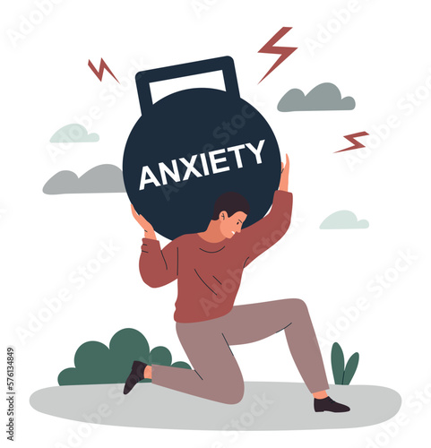 Man with anxiety. Young guy carries heavy weight on his back. Pressure, stress and burnout. Mental health and psychological problems. Fears and disappointments. Cartoon flat vector illustration