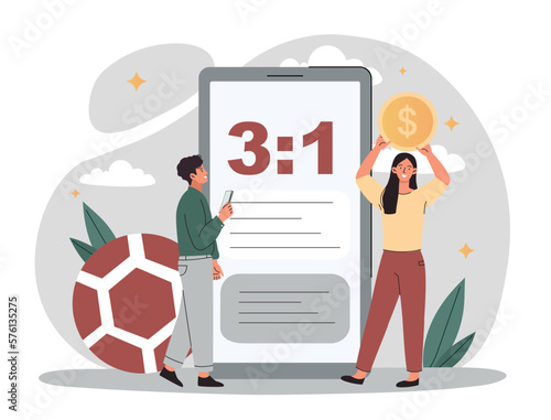 Betting on football. Man and woman guess score, bookmakers and gambling, dispute. Application and program for smartphone. Advertising poster or banner for website. Cartoon flat vector illustration