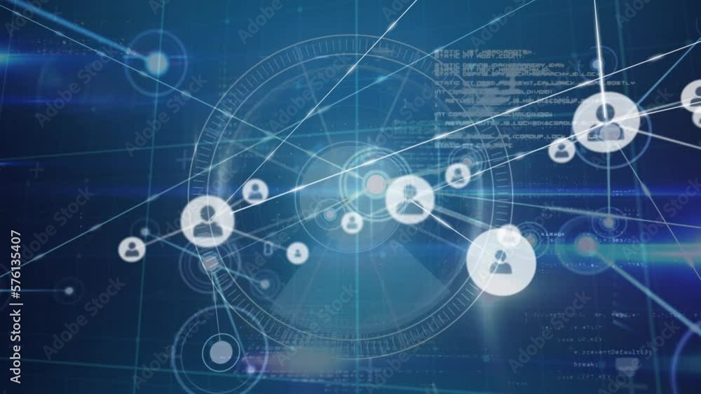 Animation of network of profile icons over round scanner and light trails against blue background Animation of network of profile icons over round scanner and light trails against blue background