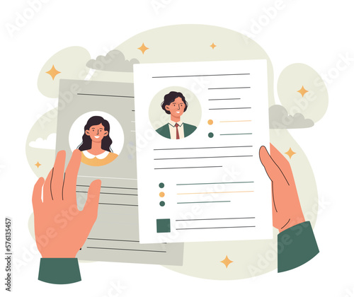 Choosing profile concept. HR manager evaluates resumes of young professionals. Poster or banner for website. Expansion of staff and recruitment in organization. Cartoon flat vector illustration