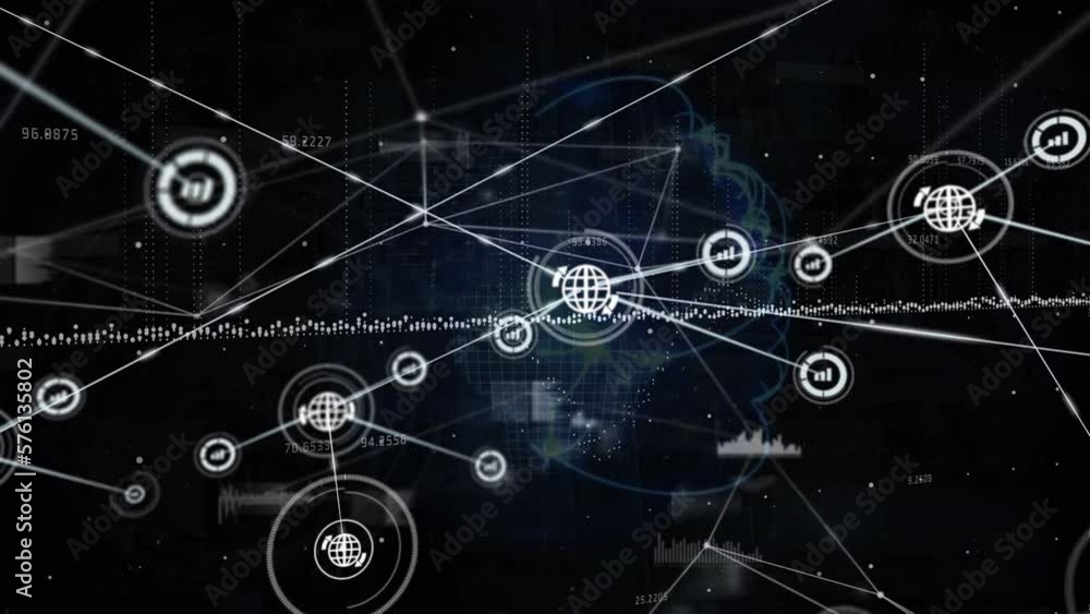 Animation of network of digital icons and data processing against light trails over spinning globe Animation of network of digital icons and data processing against light trails over spinning globe