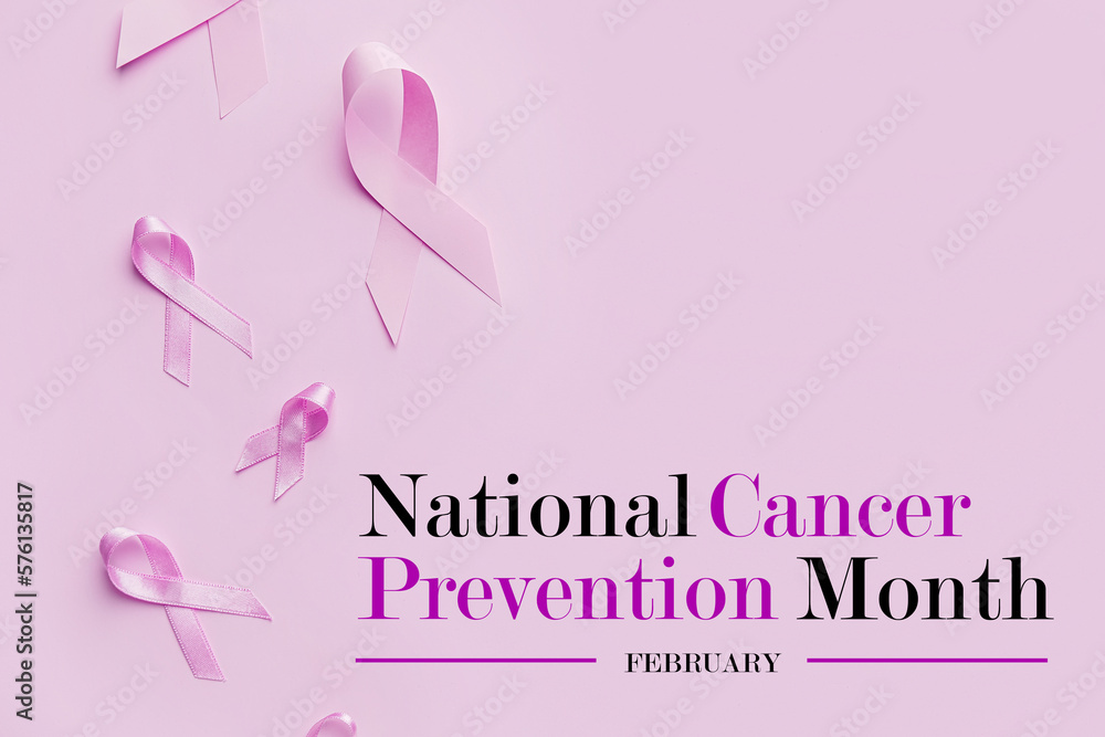 Banner with awareness ribbons on lilac background. Concept of World Cancer Day Banner with awareness ribbons on lilac background. Concept of World Cancer Day