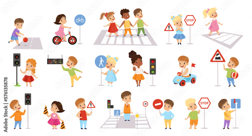 Road safety rules for children set. Kids crossing street along crosswalk and learning about traffic signs cartoon vector Illustration