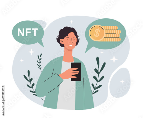 Creating tokens concept. Man with smartphone buys NFT. Financial literacy, economics and investment. Blockchain technology and cryptocurrency, mining and trading. Cartoon flat vector illustration
