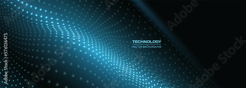 Digital technology wide abstract background with blue tech particle wave. Futuristic technology artificial intelligence vector illustration