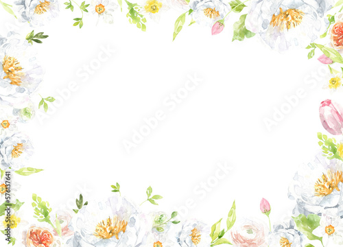 Watercolor Easter flower frame illustration. Botanical spring floral drop, banner,border, peony,rose, cute Easter bunny animal clipart, baby shower, happy birthday invite,border, banner, wallpaper 
