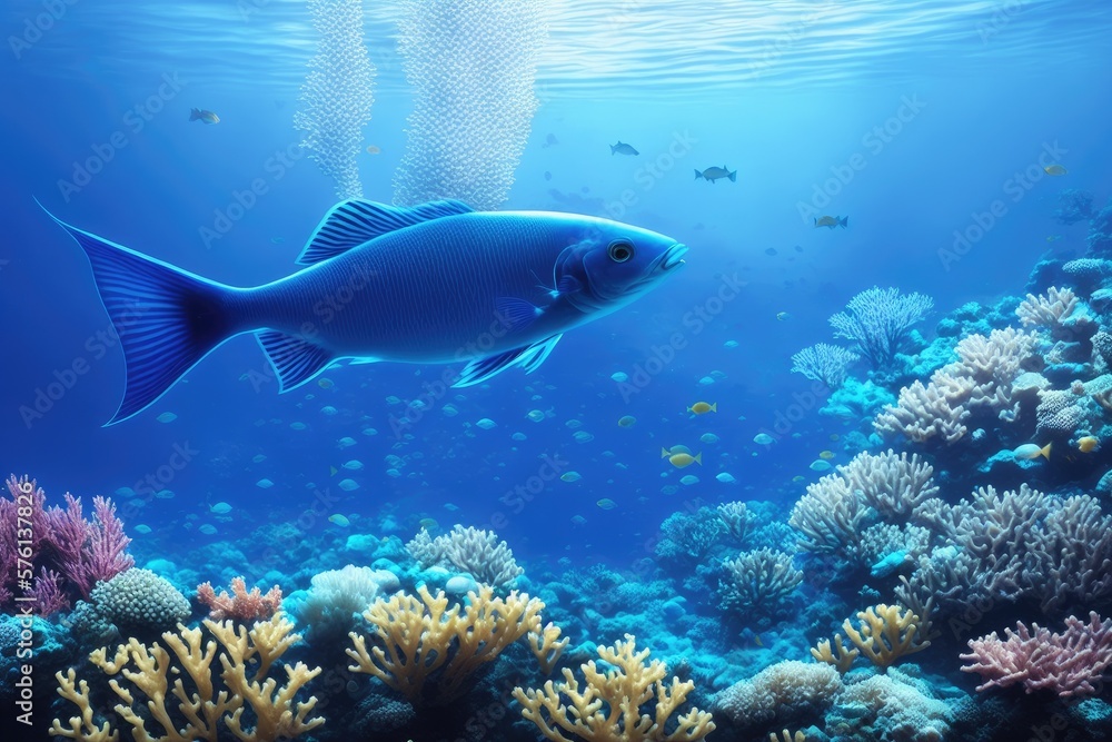 Underwater coral reef landscape with fish, generative ai, in the deep blue ocean with colorful marine life Underwater coral reef landscape with fish, generative ai, in the deep blue ocean with colorful marine life