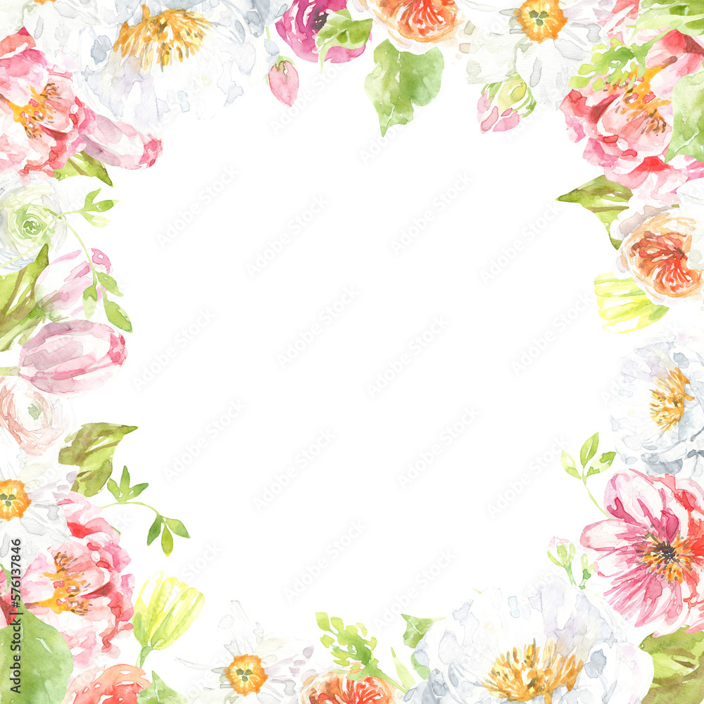 Watercolor Easter floral frame illustration. Botanical spring flower frame, wreath, chaplet, peony,rose, cute Easter bunny animal clipart, baby shower, happy birthday invite,border, banner, wallpaper 