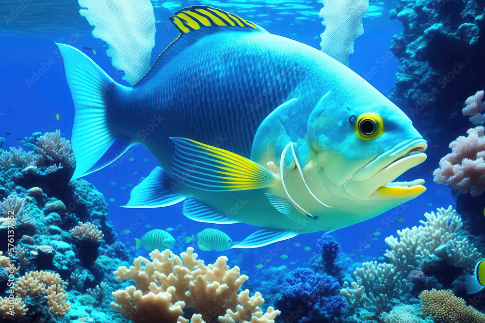 Underwater coral reef landscape with fish, generative ai, in the deep blue ocean with colorful marine life Underwater coral reef landscape with fish, generative ai, in the deep blue ocean with colorful marine life