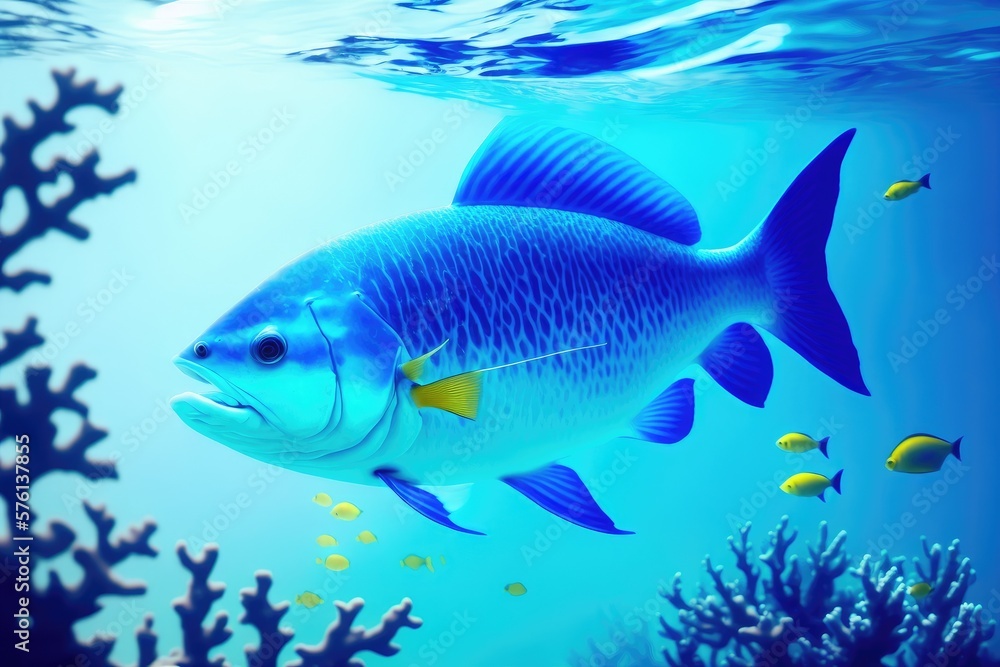 Underwater coral reef landscape with fish, generative ai, in the deep blue ocean with colorful marine life Underwater coral reef landscape with fish, generative ai, in the deep blue ocean with colorful marine life