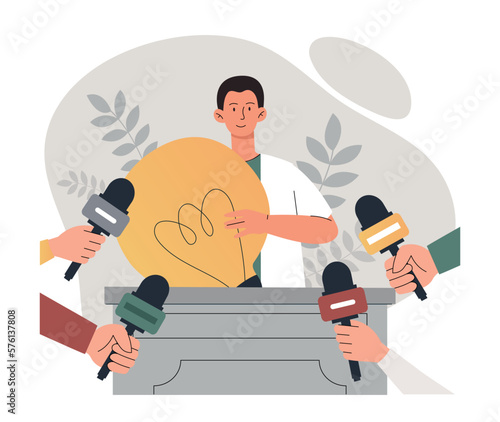 Press conference concept. Man with light bulb in his hands answers questions from journalists. Reporters with microphones interviewing famous and popular personality. Cartoon flat vector illustration