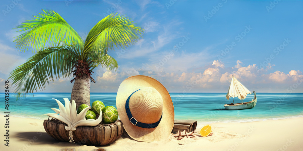 Sunny tropical beach background with Palm tree, hat and sunglasses. Generative AI