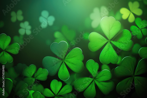 St. Particks day green background with spring shamrock leaves. Generative AI.