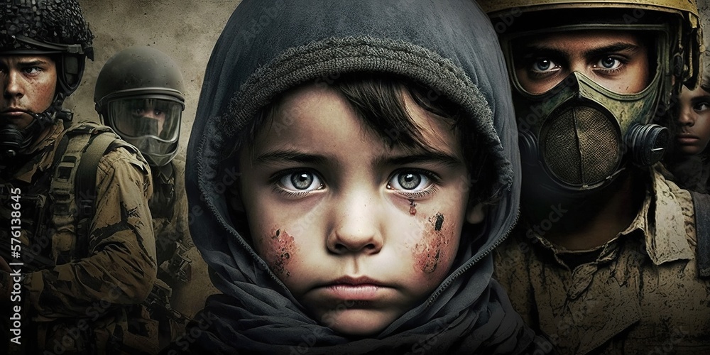 conceptual image of children against the horrors of war, unwillingness to fight, generative AI conceptual image of children against the horrors of war, unwillingness to fight, generative AI